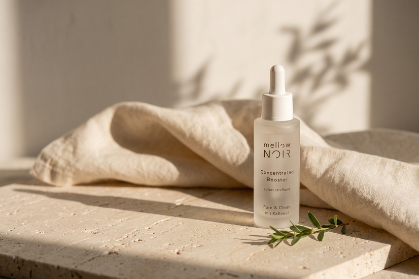 Produktaufnahme: mattierte Flasche mellow NOIR Concentrated Booster auf Travertinplatte mit Leinentuch und Olivenzweig