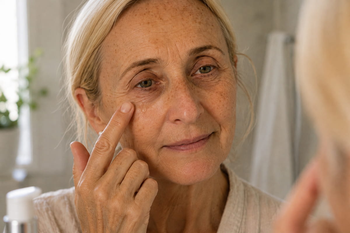 Anwendung: Produkt wird rund ums Auge eingeklopft, Nahaufnahme
